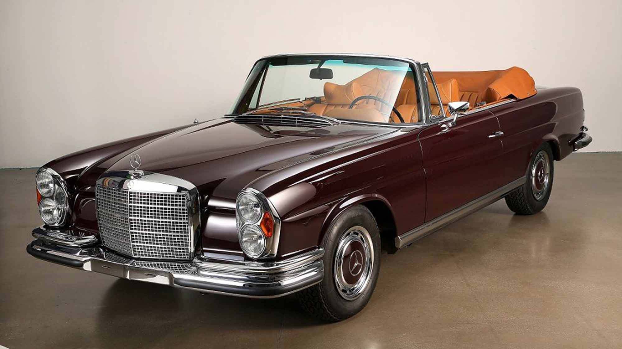 Restored Mercedes Mercedes 280SE 3.5 Convertible in the Motor Classic's workshop
